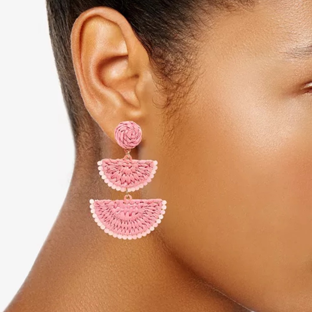 ON 34th Gold-Tone Stone Bead & Woven Raffia Drop Earrings